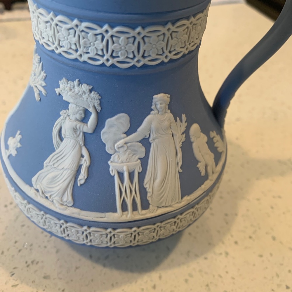 Wedgwood jasper blue small pitcher. Beautiful detail work.